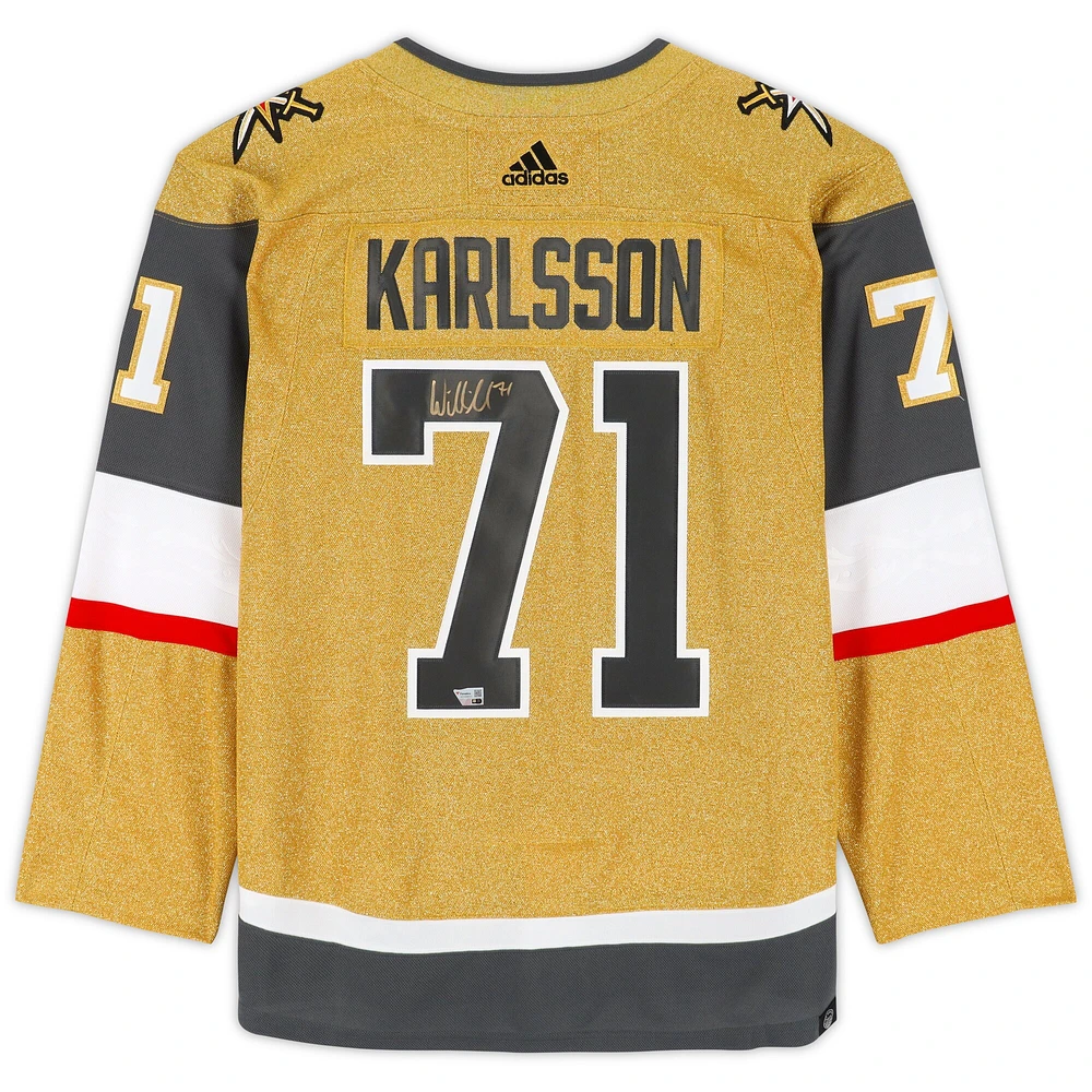 Maillot authentique Adidas doré autographié par William Karlsson des Vegas Golden Knights avec écusson de la finale de la Coupe Stanley 2023