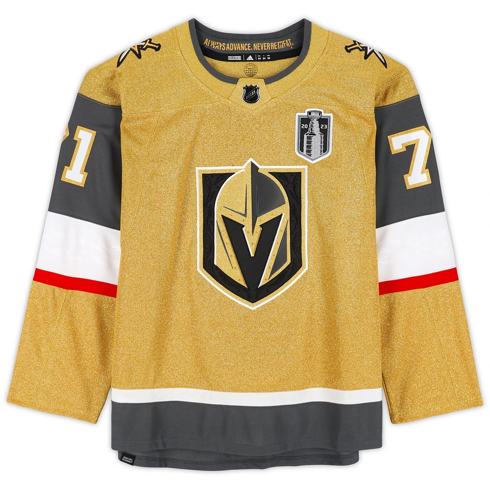 Maillot authentique Adidas doré autographié par William Karlsson des Vegas Golden Knights avec écusson de la finale de la Coupe Stanley 2023