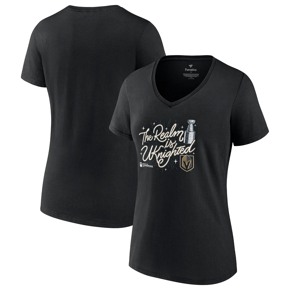 T-shirt à col en V Fanatics pour femmes Black Vegas Golden Knights 2023 Célébration des champions de la Coupe Stanley