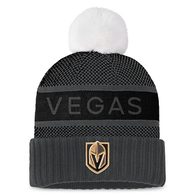 Bonnet en tricot à revers authentique Pro Rink Fanatics Black Vegas Golden Knights pour femmes avec pompon