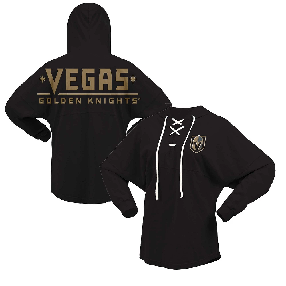 Women's Fanatics Black Vegas Golden Knights Jersey Lace-Up V-Neck Long Sleeve Hoodie T-Shirt