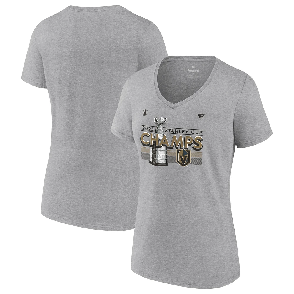 T-shirt à col en V Fanatics Heather Grey Vegas Golden Knights 2023 pour femmes, Champions de la Coupe Stanley, vestiaire