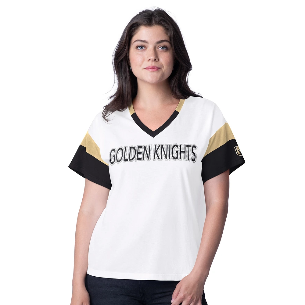 Women's G-III 4Her by Carl Banks  White Vegas Golden Knights Rink Oversized Rhinestone V-Neck T-Shirt