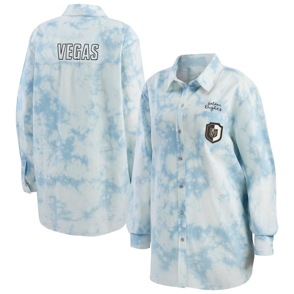 Women's WEAR by Erin Andrews White Vegas Golden Knights Oversized Tie-Dye Button-Up Denim Shirt