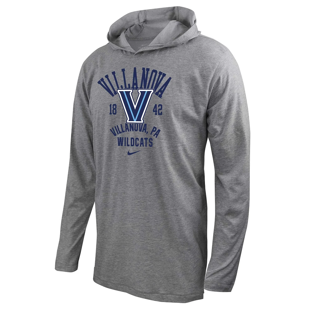 T-shirt à capuche manches longues Nike Villanova Wildcats Performance pour homme, gris chiné