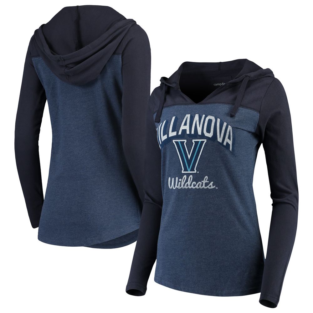 Women's Navy Villanova Wildcats Knockout Color Block Long Sleeve V-Neck Hoodie T-Shirt