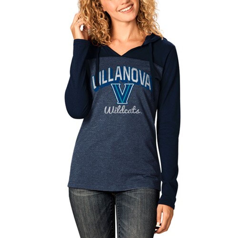 Women's Navy Villanova Wildcats Knockout Color Block Long Sleeve V-Neck Hoodie T-Shirt