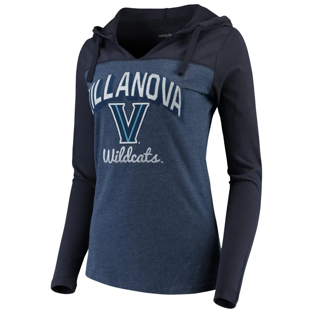 Women's Navy Villanova Wildcats Knockout Color Block Long Sleeve V-Neck Hoodie T-Shirt