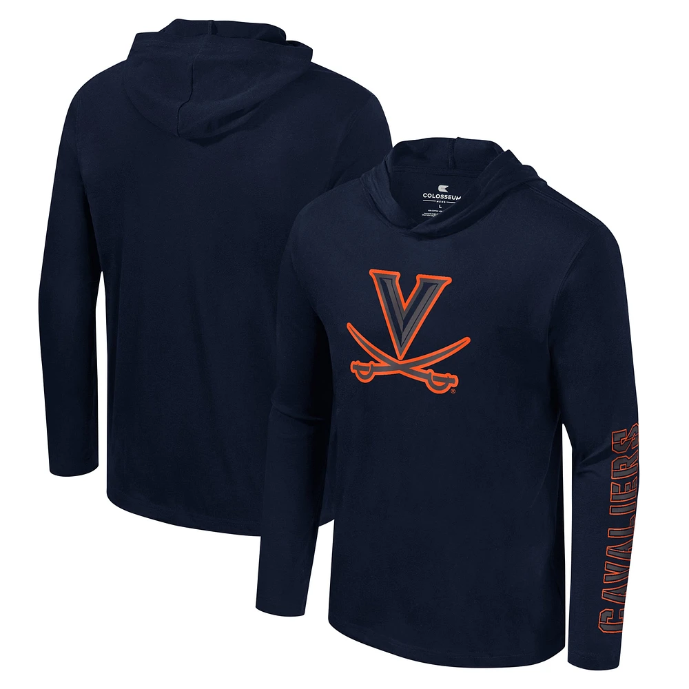 Men's Colosseum Navy Virginia Cavaliers Color Pop Active Blend 2-Hit Long Sleeve Hooded T-Shirt