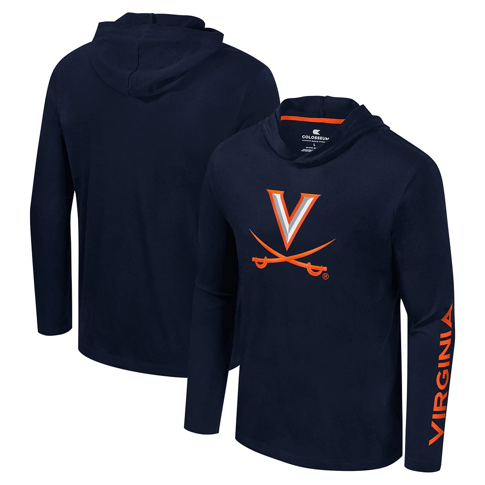 T-shirt à capuche manches longues avec logo Colosseum Navy Virginia Cavaliers Lockup Active Blend pour hommes