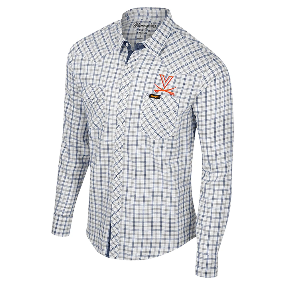 Men's Colosseum x Wrangler White Virginia Cavaliers Plaid Window Pane Long Sleeve Full-Snap Shirt