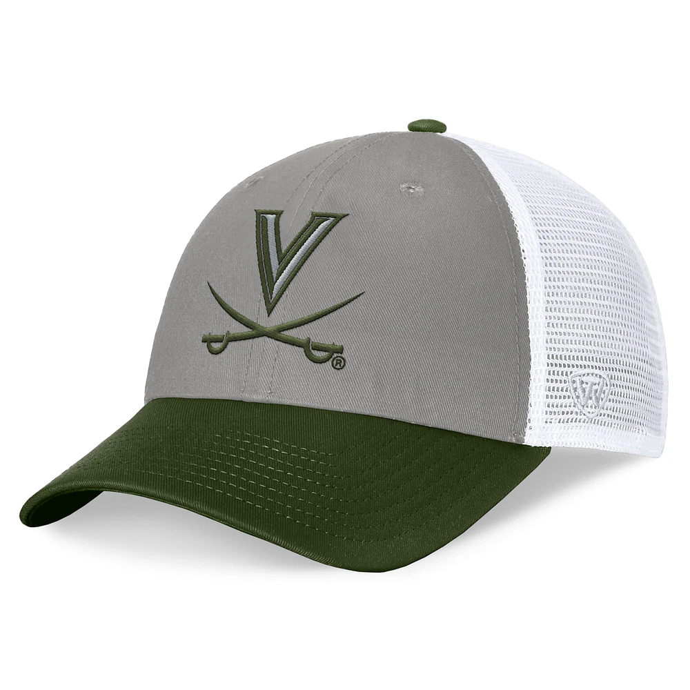 Men's Top of the World Gray/Green Virginia Cavaliers OHT Military Appreciation Badge Trucker Adjustable Hat