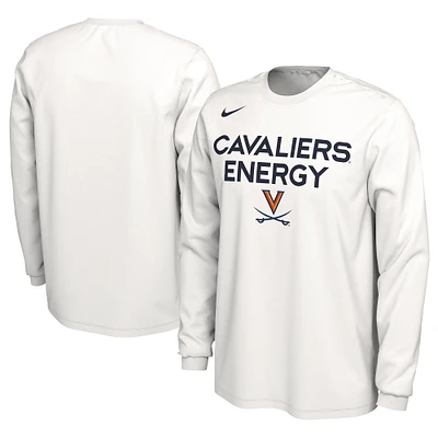 T-shirt Nike blanc à manches longues pour hommes des Virginia Cavaliers 2024 On-Court Bench Energy