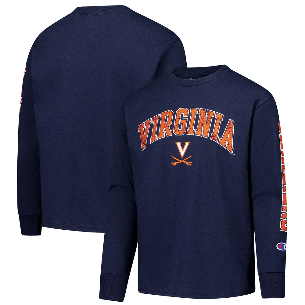 T-shirt à manches longues avec logo vieilli Virginia Cavaliers et motif arches bleu marine Champion pour jeunes