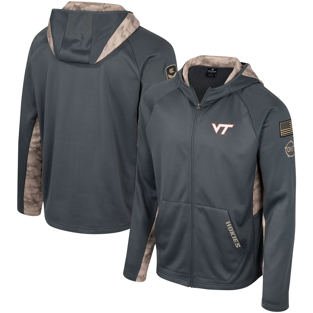 Sweat à capuche entièrement zippé Colosseum Charcoal Virginia Tech Hokies OHT Military Appreciation Camo Raglan pour hommes