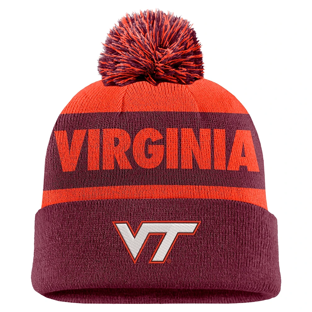 Bonnet en tricot à revers et pompon Nike Orange/Grenat Virginia Tech Hokies Peak Stripe pour homme