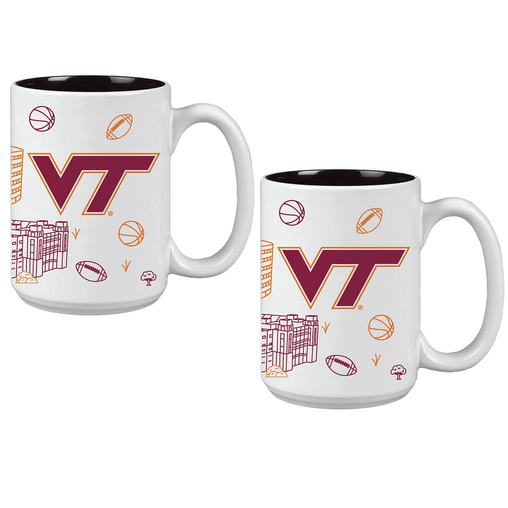 Lot de deux tasses à café Virginia Tech Hokies de 15 oz avec motif Campus Line Art