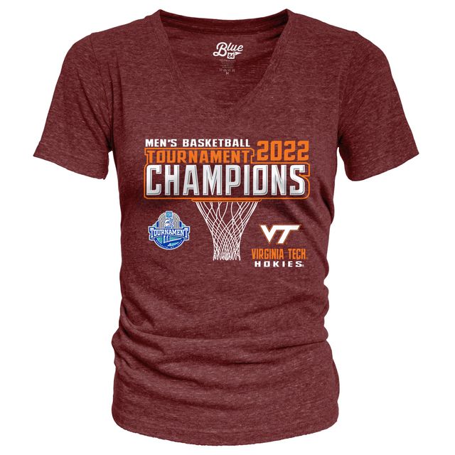 T-shirt à col en V pour femmes, bleu 84 marron, Virginia Tech Hokies 2022 ACC, Champions du tournoi de conférence basket-ball hommes