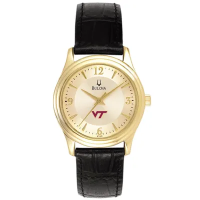 Virginia Tech Hokies Bulova Women's Stainless Steel Watch with Leather Band - Gold/Black