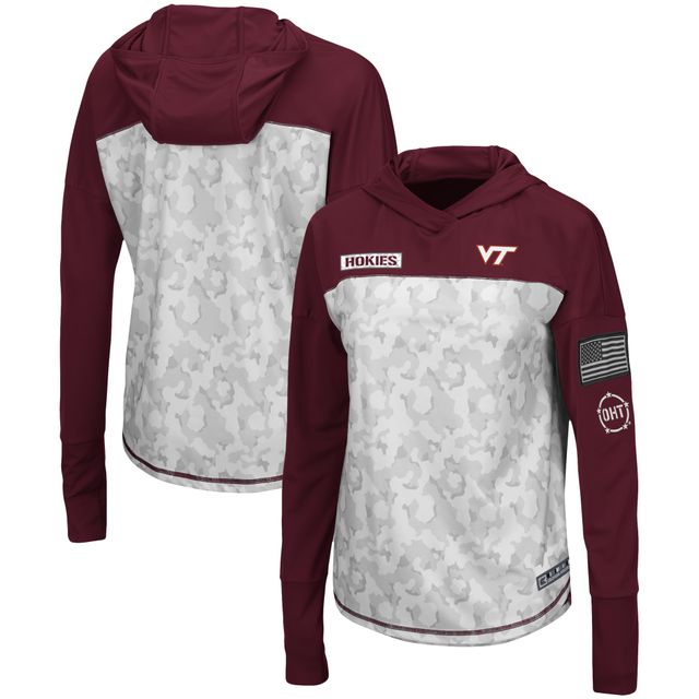 T-shirt à manches longues pour femme Colosseum Grey/Maroon Virginia Tech Hokies OHT Military Appreciation Mission Arctic Camo Hoodie