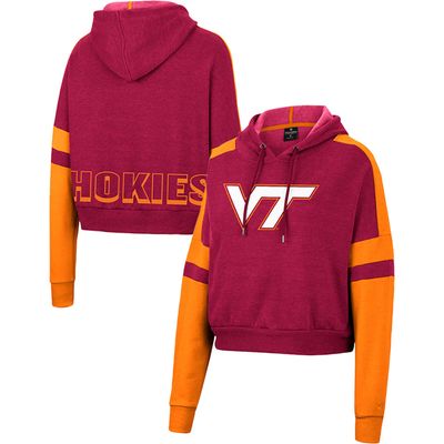 Women's Colosseum Heather Maroon Virginia Tech Hokies Throwback Stripe Arch Logo Cropped Pullover Hoodie