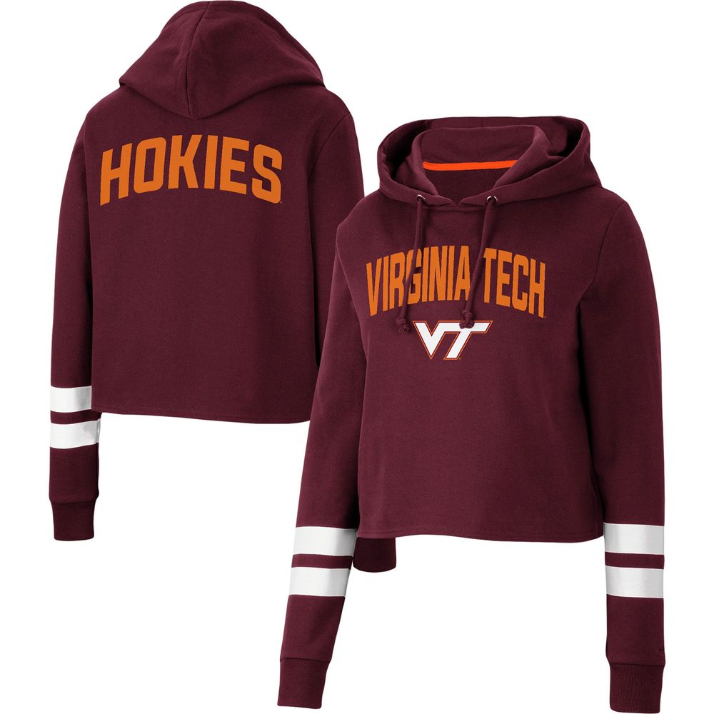 Women's Colosseum Maroon Virginia Tech Hokies Throwback Stripe Cropped Pullover Hoodie