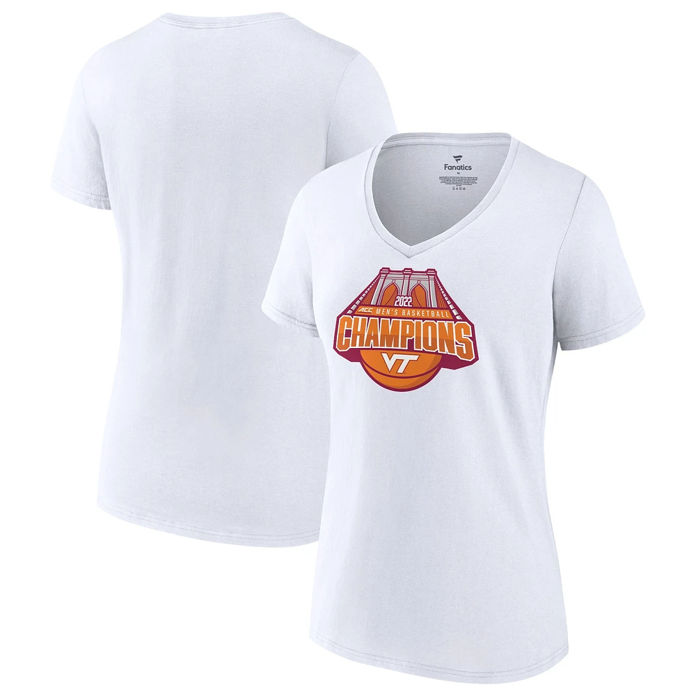 Fanatics blancs pour femmes Virginia Tech Hokies 2022 ACC Champions du tournoi de conférence basket-ball hommes T-shirt à col en V