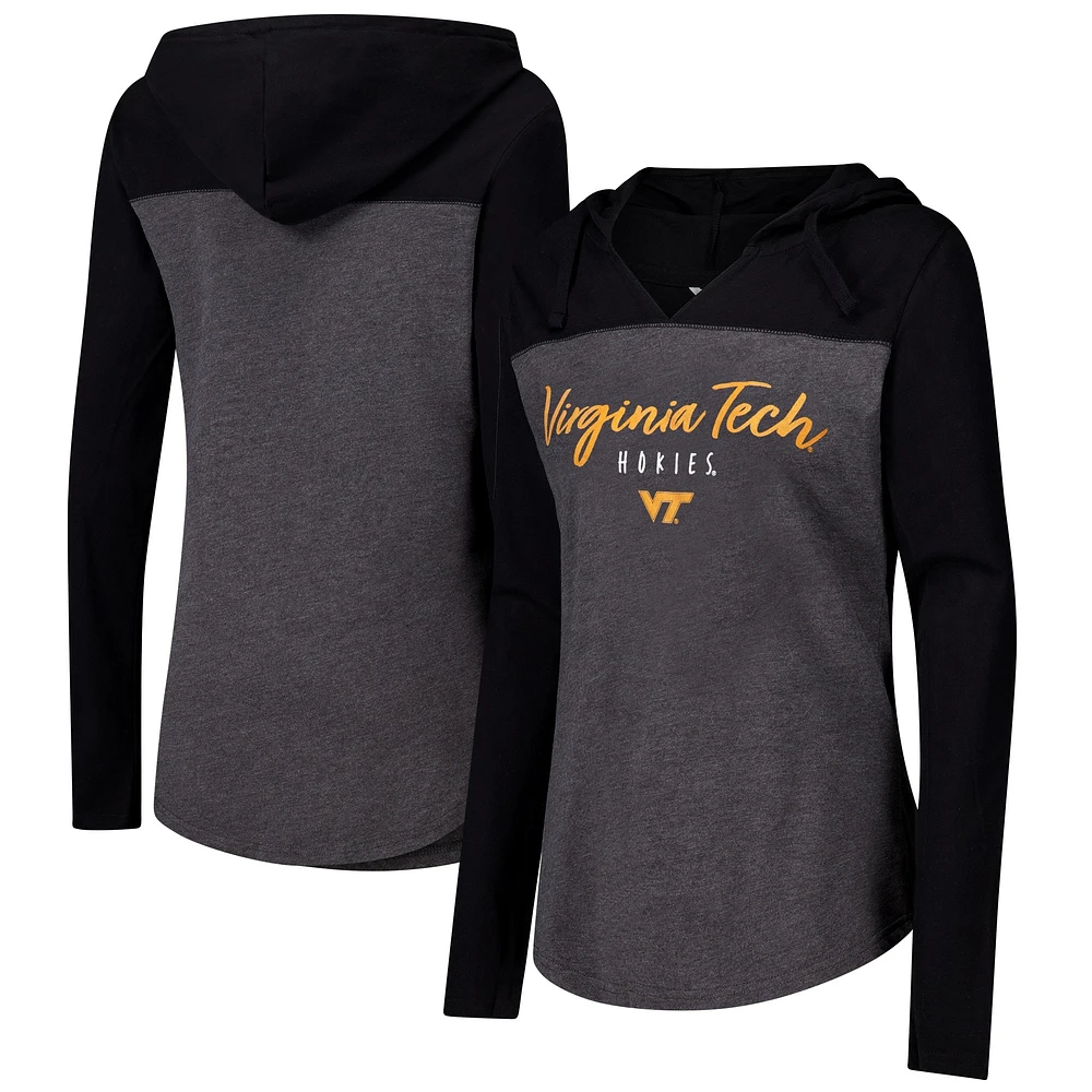 T-shirt à capuche manches longues et col en V pour femmes Heather Charcoal Virginia Tech Hokies Knockout Color Block