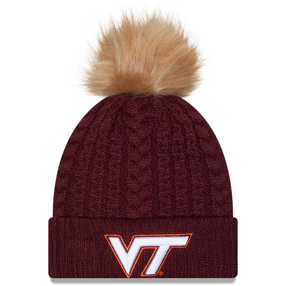 Bonnet en tricot à revers de luxe avec pompon Virginia Tech Hokies de New Era pour femme, bordeaux