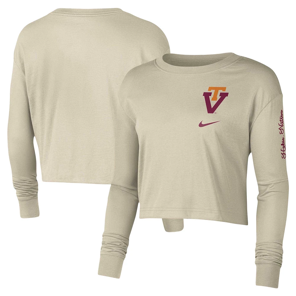 Haut court à manches longues Nike Virginia Tech Hokies Varsity Letter pour femme crème