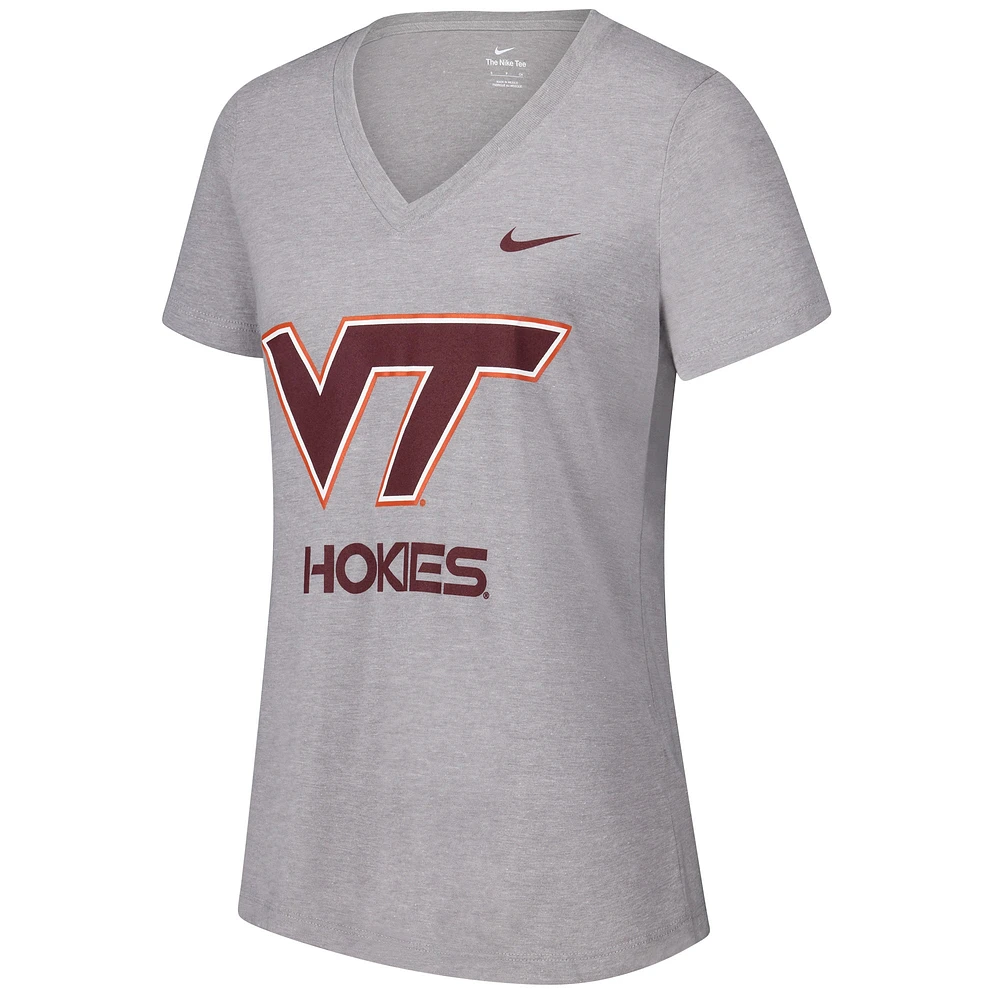 T-shirt à col en V trois mélanges Nike pour femmes, gris, Virginia Tech Hokies, Script Over Logo