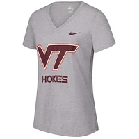 T-shirt à col en V trois mélanges Nike pour femmes, gris, Virginia Tech Hokies, Script Over Logo