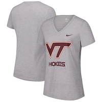 T-shirt à col en V trois mélanges Nike pour femmes, gris, Virginia Tech Hokies, Script Over Logo