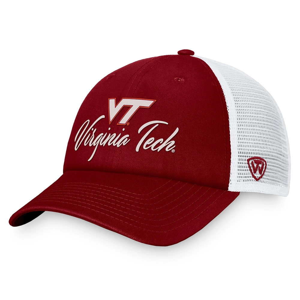 Casquette réglable Top of the World marron/blanc Virginia Tech Hokies Charm Trucker pour femmes