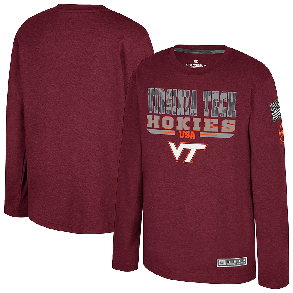 Youth Colosseum Heather Maroon Virginia Tech Hokies OHT Military Appreciation Oorah Long Sleeve T-Shirt