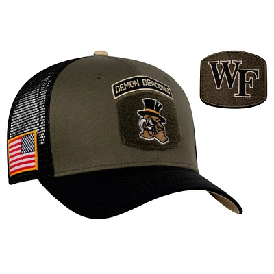 Casquette ajustable Nike pour homme Wake Forest Demon Deacons Military Appreciation Trucker Olive/Black