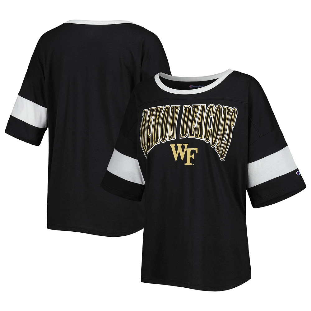 Women's Champion Black Wake Forest Demon Deacons Jumbo Arch Striped Half-Sleeve T-Shirt