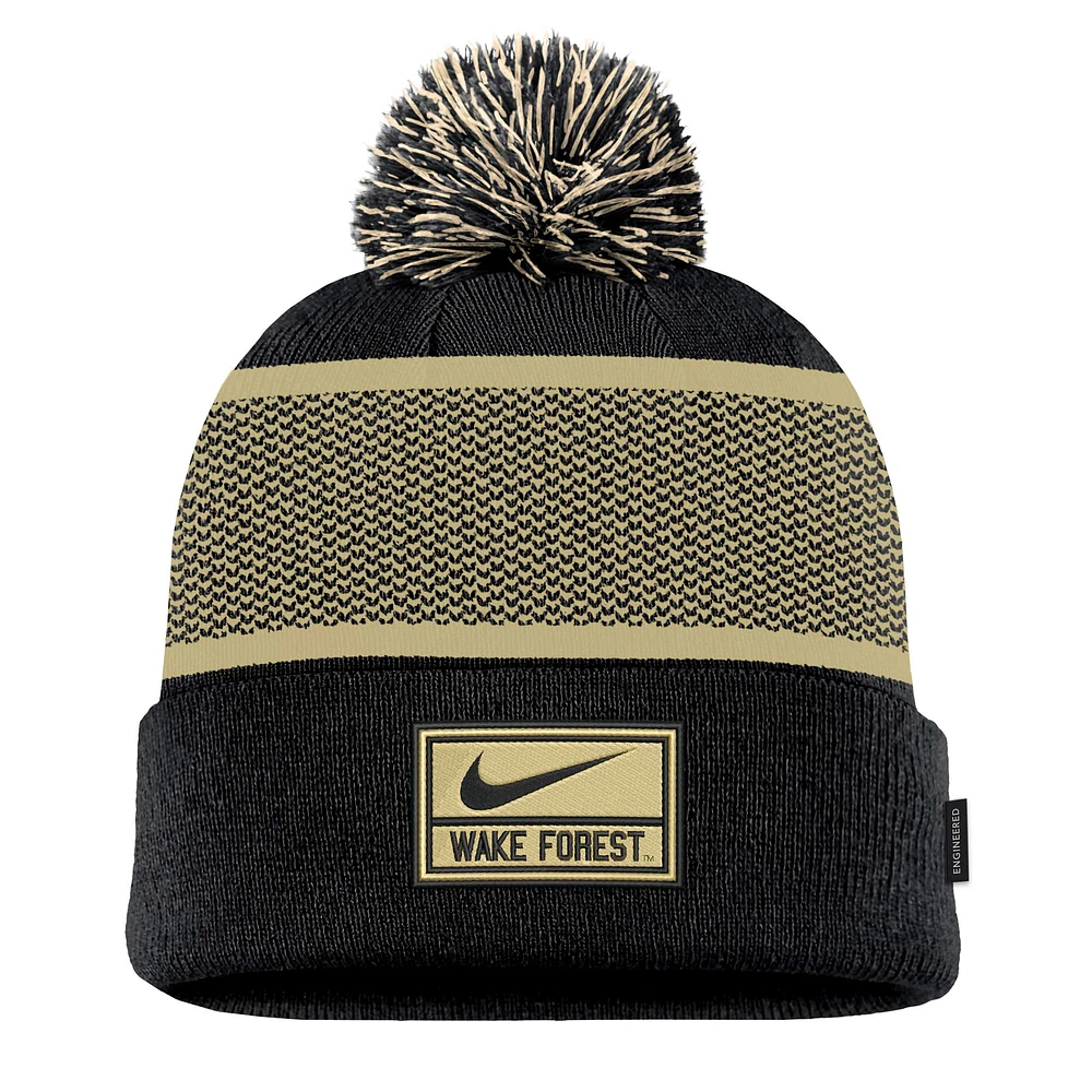 Youth Nike Black Wake Forest Demon Deacons 2024 Sideline Peak Cuffed Knit Hat with Pom