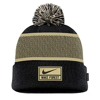 Youth Nike Black Wake Forest Demon Deacons 2024 Sideline Peak Cuffed Knit Hat with Pom