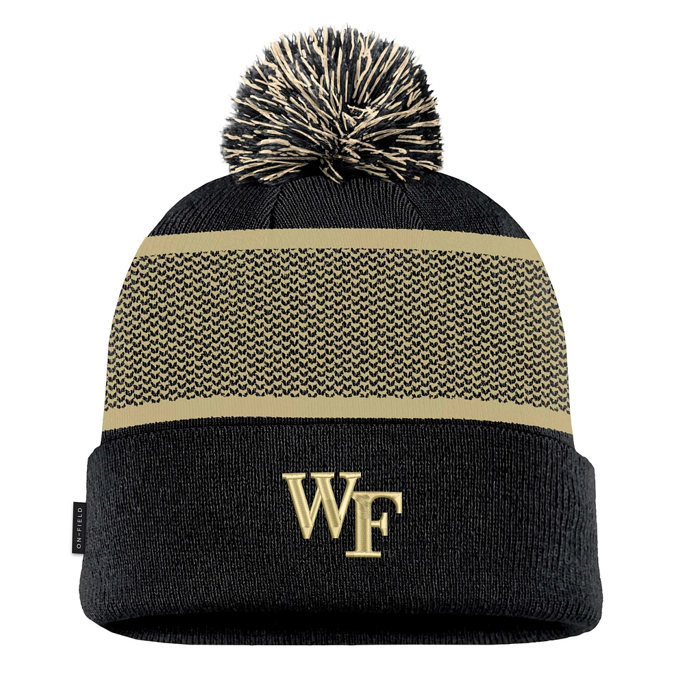 Youth Nike Black Wake Forest Demon Deacons 2024 Sideline Peak Cuffed Knit Hat with Pom