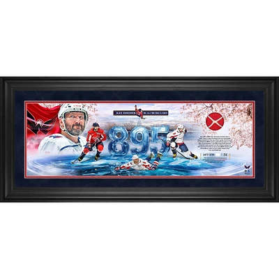 Photographie panoramique encadrée d'Alexander Ovechkin, Capitals de Washington, 25,4 x 76,2 cm, avec un morceau de filet utilisé lors du match des 895 buts - Édition limitée à 250 exemplaires