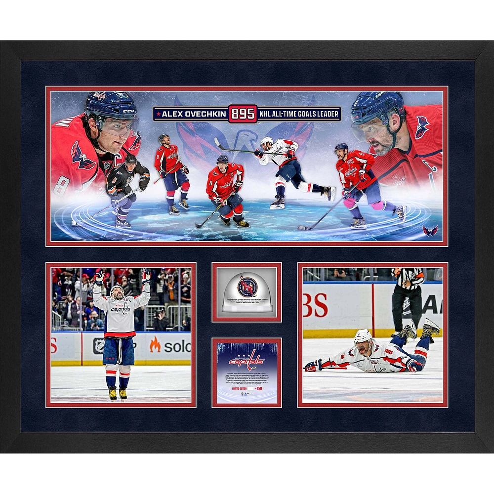 Collage de trois photographies encadrées de 20" x 24" des Capitals de Washington, représentant le 895e but, avec de la glace utilisée lors d'un match des Capitals pendant la saison du 895e but - Édition limitée à 250 exemplaires