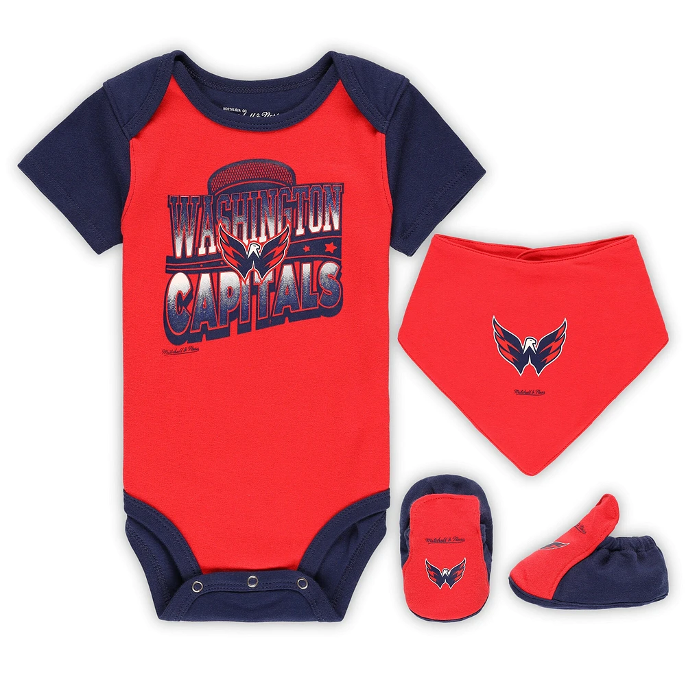 Ensemble de 3 bodys, bavoirs et chaussons Mitchell & Ness pour bébé, rouge/bleu marine, Washington Capitals Big Score