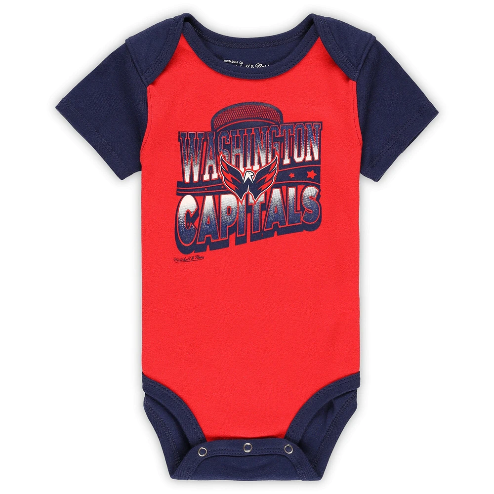 Ensemble de 3 bodys, bavoirs et chaussons Mitchell & Ness pour bébé, rouge/bleu marine, Washington Capitals Big Score