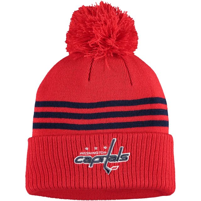 Bonnet en tricot à revers à trois bandes adidas rouge Washington Capitals Locker Room avec pompon pour hommes