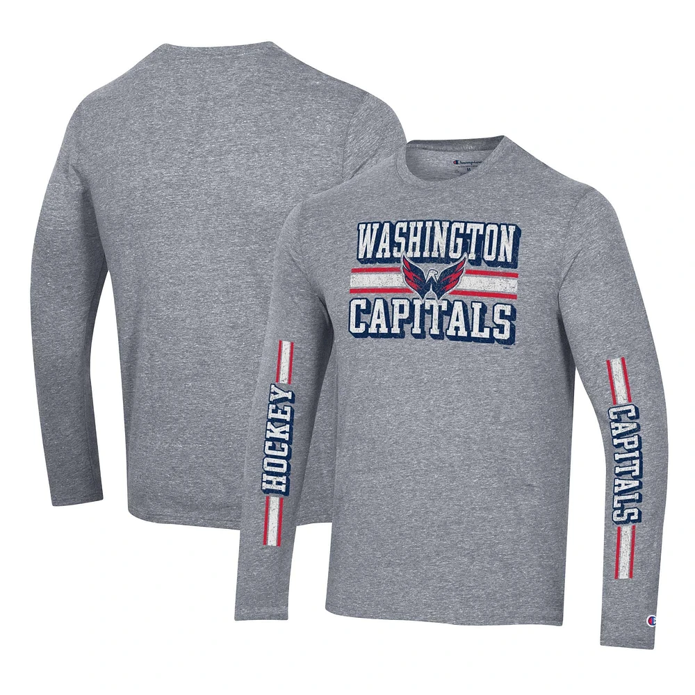 T-shirt à manches longues trois bandes et double bande Champion Heather Grey Washington Capitals pour hommes