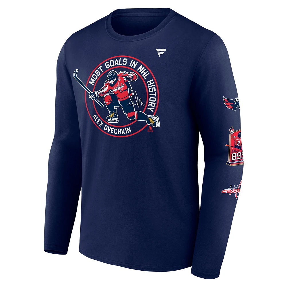 Men's Fanatics Alexander Ovechkin Athletic Navy Washington Capitals NHL All-Time Leading Goal Scorer Badges Long Sleeve T-Shirt
