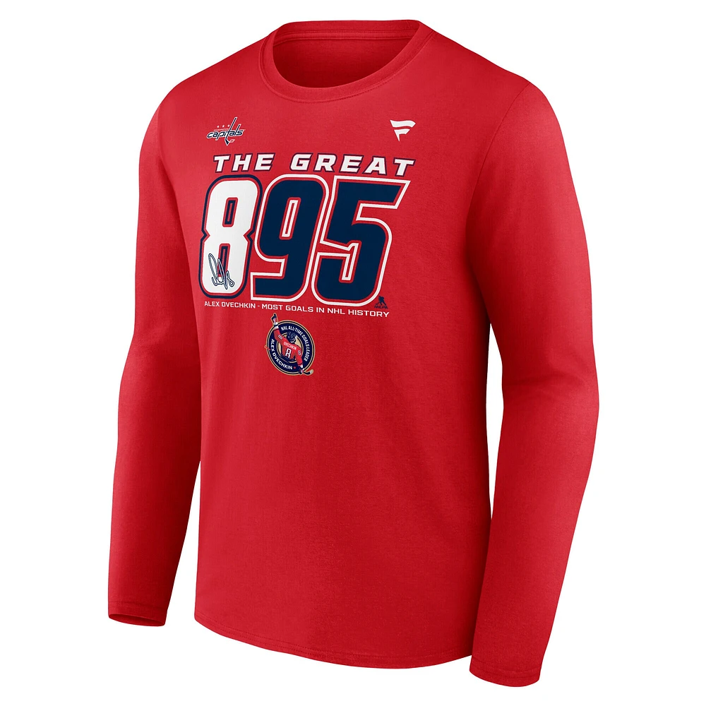T-shirt à manches longues pour homme Fanatics Alexander Ovechkin Athletic Red, meilleur buteur de tous les temps la LNH, Capitals Washington, The Great 895