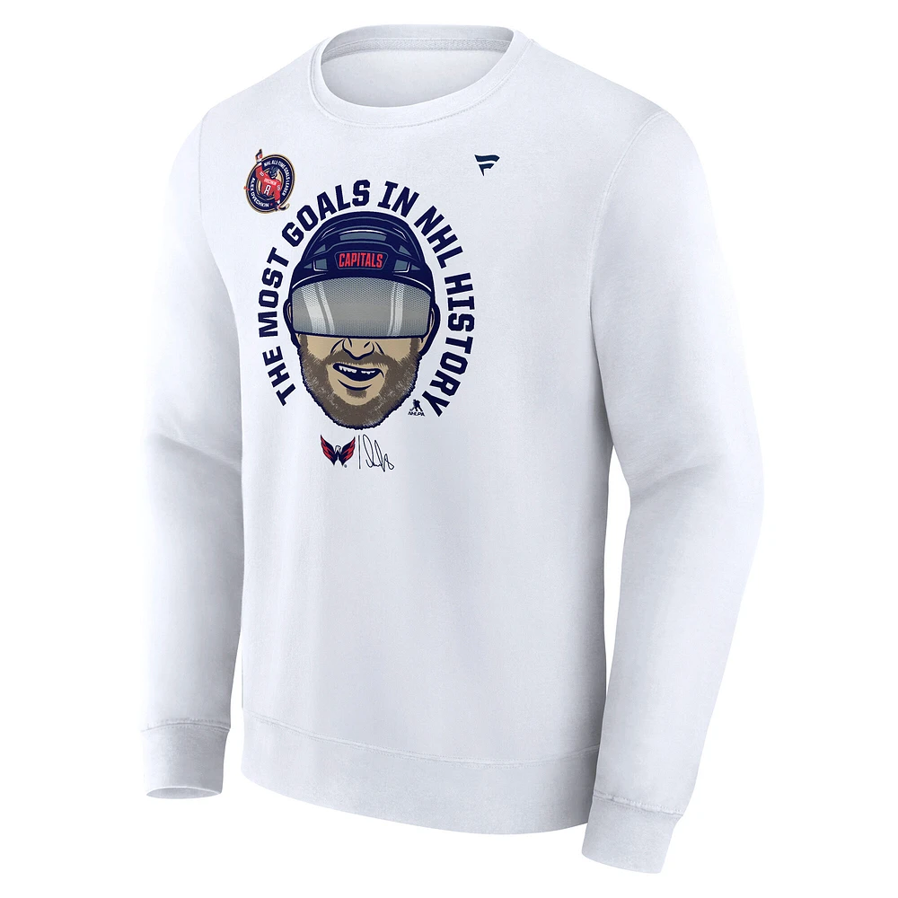 Men's Fanatics Alexander Ovechkin White Washington Capitals NHL All-Time Leading Goal Scorer GR8 Caricature Fleece Pullover Sweatshirt