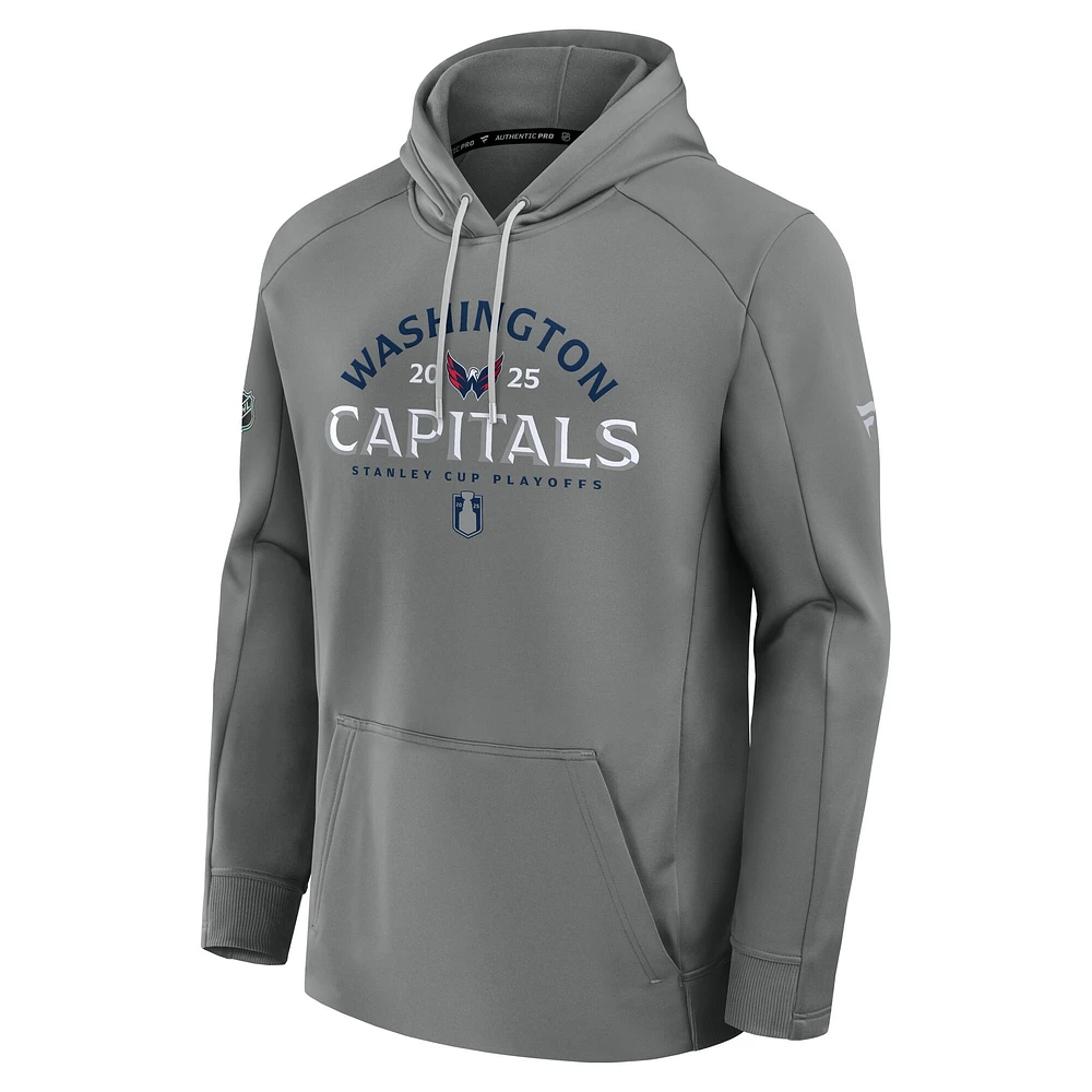 Men's Fanatics Gray Washington Capitals 2025 Stanley Cup Playoffs Authentic Pro Rink Fly Fleece Pullover Hoodie